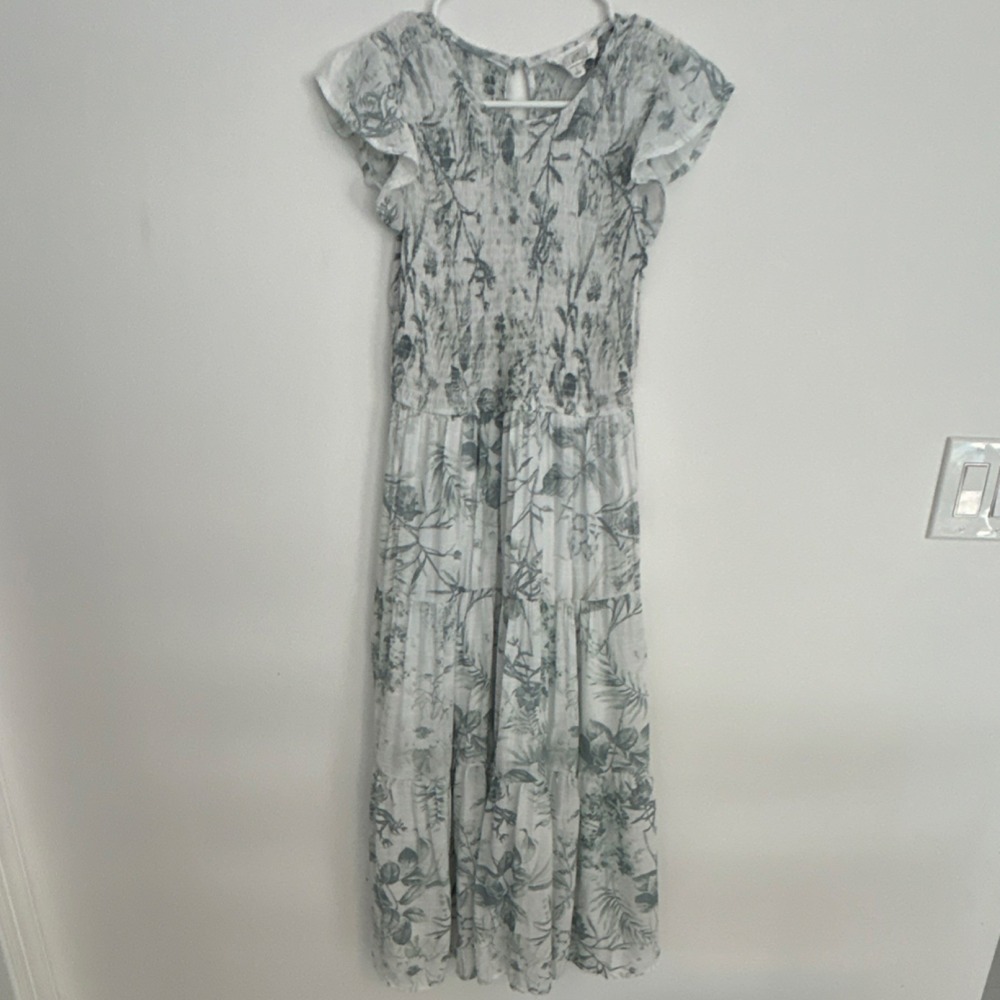 Sweet Wanderer Floral Maxi Dress Ruffle Flutter Sleeve V-Neck‎ White Green M
